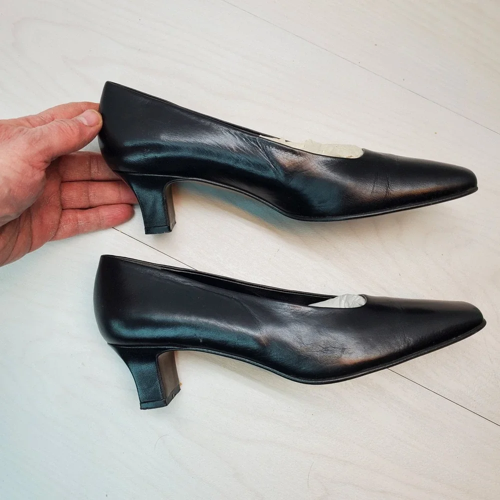 PROXY Black Leather Square Toe Block Heel Pumps Women Size 7.5 Made in Spain